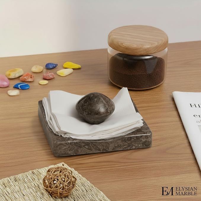 Marble Cocktail Napkin Holder with Weight, Modern Square Napkin Holder for Table, Decorative Heavy Napkin Holder for Indoor & Outdoor Dining, Kitchen & Coffee Table Decor - Oceanic Grey