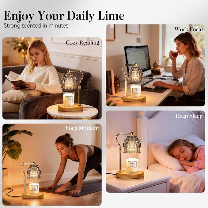 Candle Warmer Lamp with Timer Dimmer, Modern Wax Warmer for Scented Wax Jar Candle Warmer with 2 Bulbs, Adjustable Height Glass Lamp for Gifts for Women, House Warming Gifts, Home Decor, Gold Grey