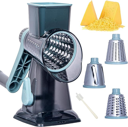 Rotary Cheese Grater Cheese Shredder, Cheese Grater Handheld with Strong Suction Base,Kitchen Vegetable Slicer 3 Replaceable Stainless Drum Blades for Fruit, Food, Nuts,Easy to Use Clean (Blue)