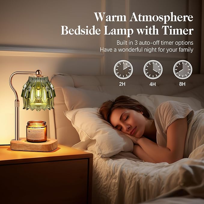 Candle Warmer Lamp with Timer Dimmer, Modern Wax Warmer for Scented Wax Jar Candle Warmer with 2 Bulbs, Adjustable Height Glass Lamp for Gifts for Women, Home Decor, Gold Green