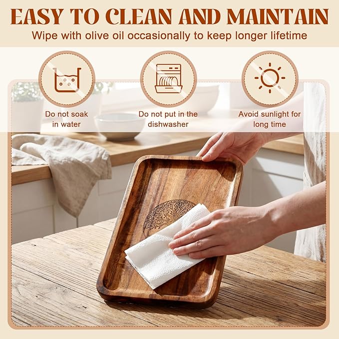 Rtteri Acacia Wood Serving Tray 10" x 6.7" Tree of Life Small Wooden Platter Rectangle Charcuterie Cheese Board for Food Coffee Table Dish Dessert Snack Tray Kitchen Home Bar Decor Housewarming Gift