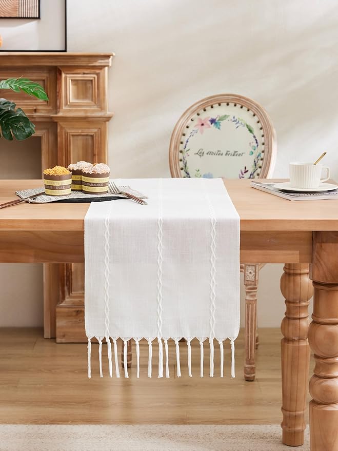 Braided Farmhouse Table Runner, Braided White 13x90 Inch, Cotton Linen Table Runners 90 Inches Long, Embroidered Striped White Boho Table Runner Rustic Home Decor