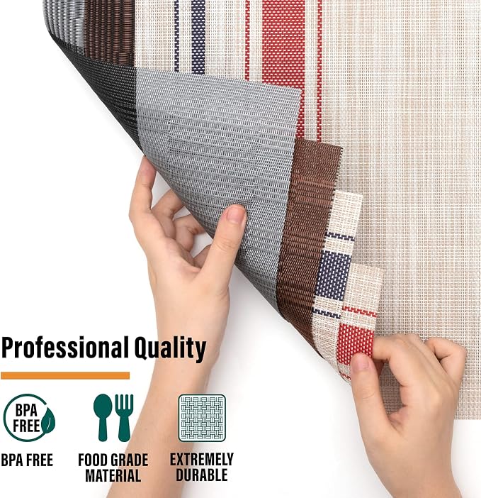 Winknowl Placemats Set of 8, Heat Resistant Non-Slip Vinyl Woven Table Mats for Dining Table, Washable Durable Elegant Place Mats for Kitchen Indoor/Outdoor Use (Coffee)
