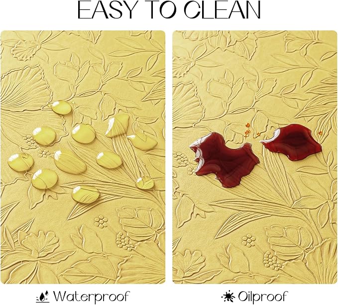 Romanstile Vinyl Placemats Set of 8-12 X 17 Inch - Heat Resistant Non-Slip Embossed Floral Place Mats 100% Waterproof Oilproof Wipeable Faux Leather Table Mats for Kitchen/Dining/Party, Yellow