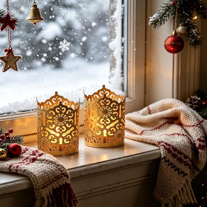 Hosley Set of 3 Gold Diamond Cut Candle Holders 4 Inches High Elevate Your Space with Elegant Metal Candle Holders in a Value Pack