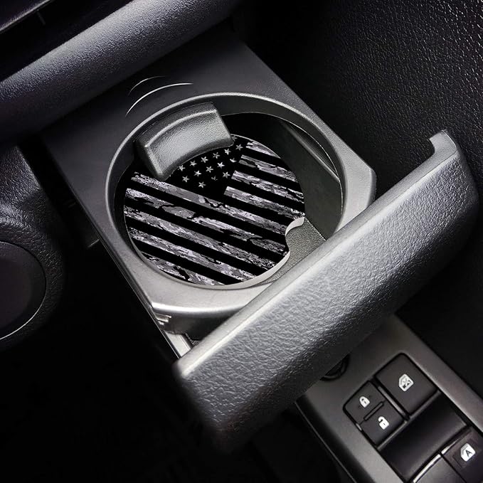 Absorbent Car Coasters for Cup Holders Camouflage American Flag, Small 2.56inch Ceramic Stone Drink Coaster for Women Men, Black and White Set of 6 Pack