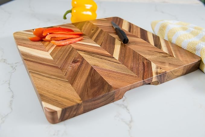 Lipper International Acacia Herringbone Square Cutting and Serving Board with Inset Handles for Chopping Meats, Fruits and Vegetables, 14" x 14" x 1" Thick