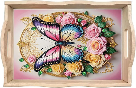 BAYUNOE DIY Diamond Serving Tray Rectangular Breakfast Tray with Handle Handmade Diamond Art Painting Wooden Tray Spring Creative Dinner Plate Coffee Room Living Home Organizer-Rose Butterfly