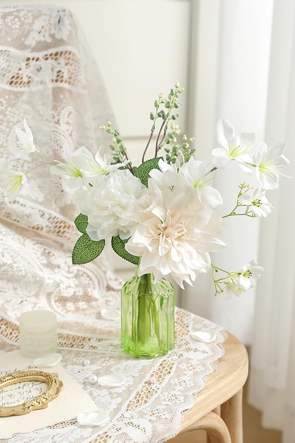 Faux Flowers with Vase,Small Artificial Silk Roses in Vase, Fake Plant Eucalyptus Flower Arrangement for Home Office Decoration, Living Room and Dining Table Centerpiece