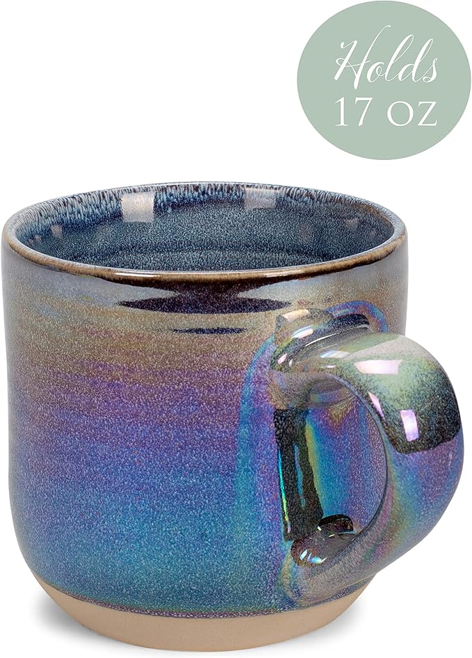 Elanze Designs Glossy Reactive Glaze Large 17 Fluid Ounce Everyday Kitchen Food Grade Ceramic Stoneware Coffee Mug Cup with Comfort Curved Handles, Set of 4, Purple Rainbow