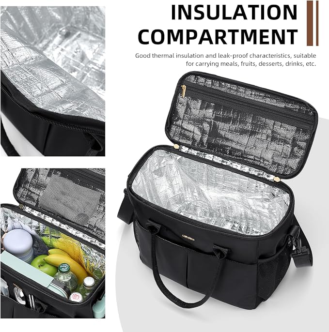 MDODO Lunch Bag Large Insulated Lunch Bags for Women Men Adult Lunch Box with Shoulder Strap for Work,Picnics,Outings (Black)
