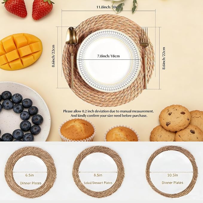 Round Woven Rattan Placemats, Handmade Natural Daffodil Pattern, Bohemian Style, Ideal for Gatherings, Outdoor Picnics, Weddings (Set of 6, 12 Inches Each)