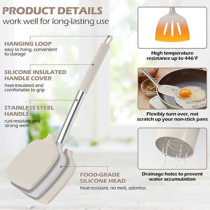 HaWare 29 PCS Silicone Cooking Utensils Set, Heat Resistant Kitchen Utensils Set with Stainless Steel Handle, Spatula Sets with Holder and Hooks, Kitchen Tools Gadgets for Nonstick Cookware -Khaki
