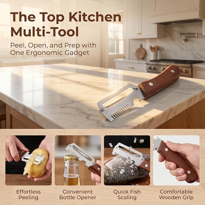 Multifunctional Vegetable Peeler - Vegetable Peeler with Bottle Opener, Stainless Steel Peeler with Wooden Handle, Fruit Peeler for Kitchen, Camping, Travel 2PC