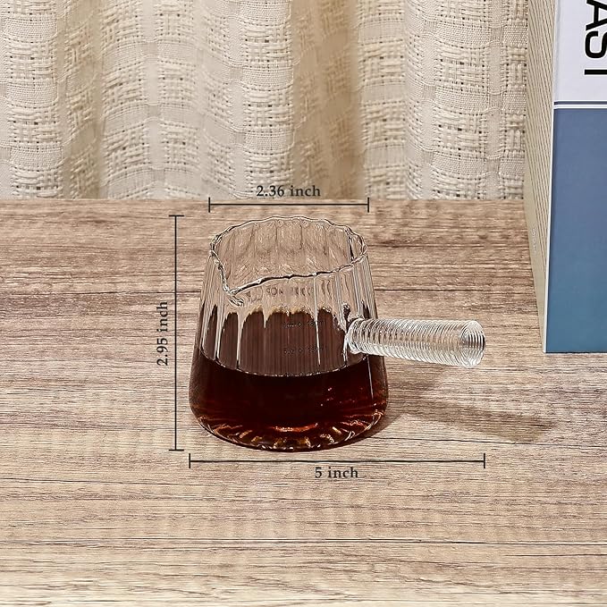 Koythin Glass Measuring Cups, Ribbed Espresso Shots Cup for Latte Cappuccino Milk, Minimalist Espresso Cups with V-Shaped Spout, Cute Coffee Bar Accessories with Glass Handle, 3 oz/180 ml (Tapered)