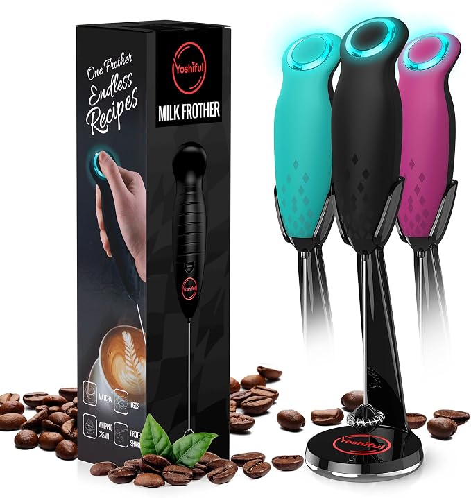 Milk Frother for Coffee with Deluxe Stand - Coffee Frother Handheld Foam Maker for Lattes - Turbine Whisk Drink Mixer Handheld - Frother Wand Stirrers Electric for Cappuccino, Matcha (Black)