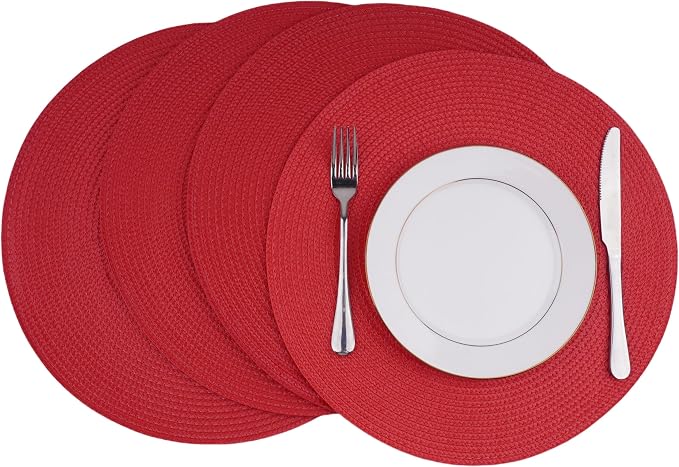 Round Braided Placemats Set of 4 Washable Easy to Clean Place Mats for Dining Tables Woven Non-Slip Heat Resistant Table Mats 15 Inch (Red)