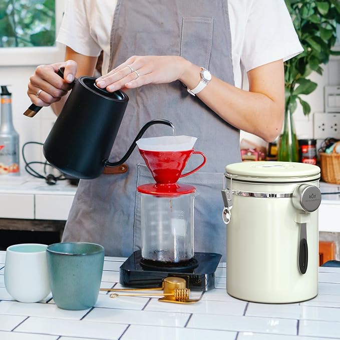 38OZ Coffee Canister for ground coffee with Date Tracker,beige 304 Stainless Steel Kitchen Food Airtight storage container for Coffee Beans or Grounds, Tea, Sugar