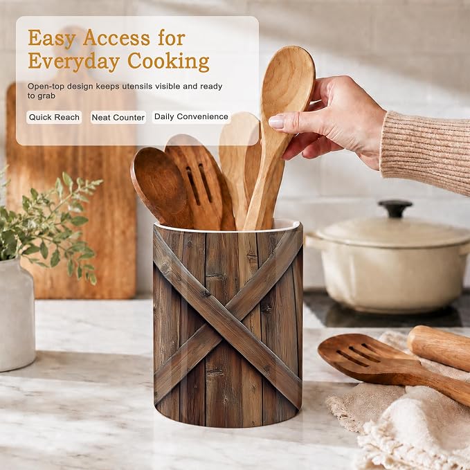 Vintage Barn Door Kitchen Utensil Holder,Wooden Large Ceramic Utensil Crock for Countertop,Cooking Utensil Organizer for Spatulas,Spoons