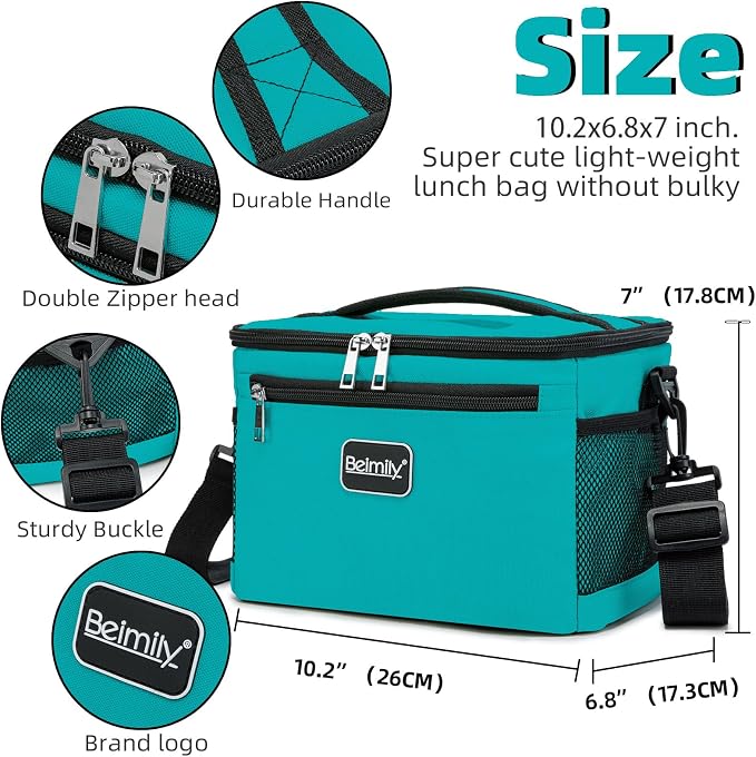 BEIMILY Lunch Box for Men/Women,Small Insulated Lunch Bag,Reusable LunchBox for work Picnic Hiking Beach,Leakproof Soft Cooler Tote Bag Organizer with Adjustable Shoulder Strap for Adults(Teal)