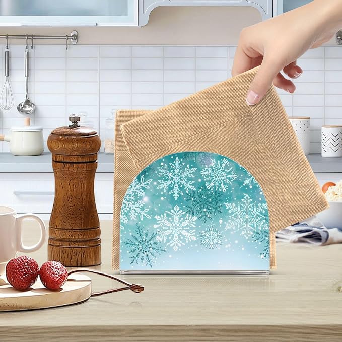 Silver Winter Teal Turquoise Snowflake Christmas Napkin Holder for Tables Paper Cocktail Napkin Holders for Kitchen Dinning Acrylic Dinner Napkin Dispenser for Restaurant Home Decor Bar Accessories