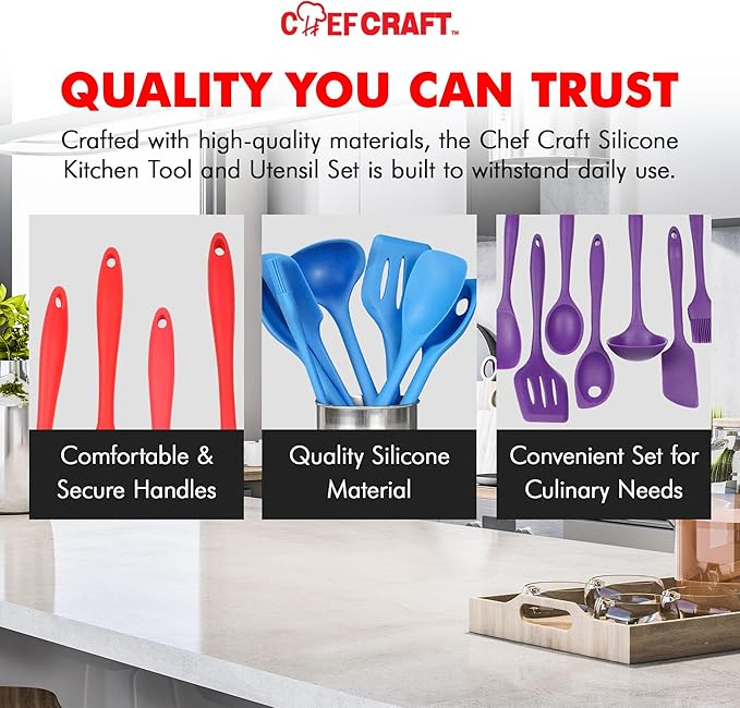 Chef Craft - Premium Silicone Kitchen Tools and Utensils Set, Non-Scratch, Withstands Temperatures up to 450°F, BPA-Free, 7 Piece Cooking Utensils Set, Black
