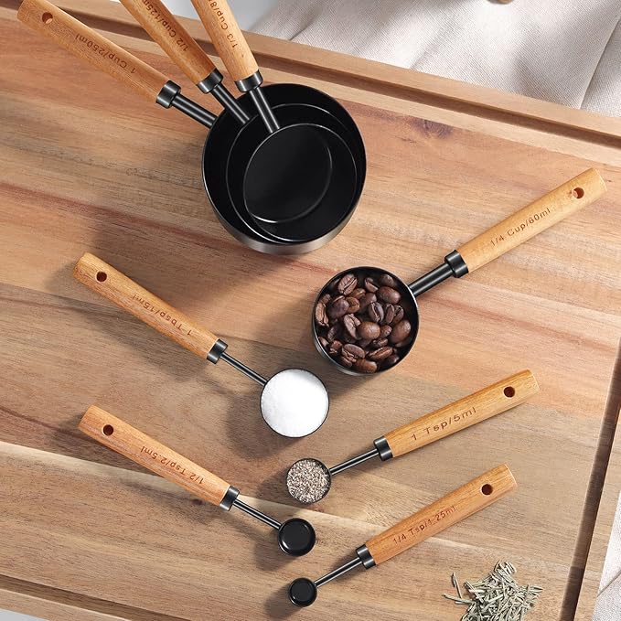 GuDoQi 8Pcs Measuring Cups and Spoons Set, Wooden Handle, Premium Stainless Steel with Metric & US Measurements, Nesting for Dry/Liquid Kitchen/Food/Baking, Black