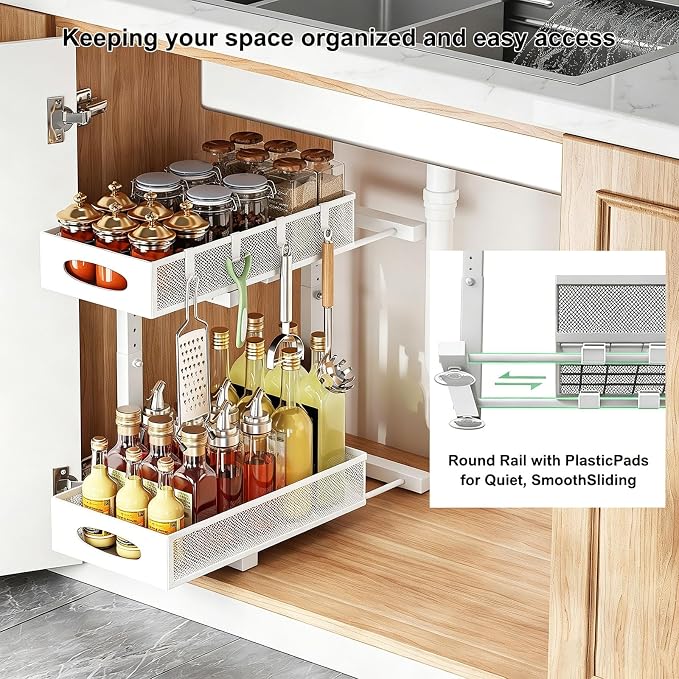 Under Sink Organizer, Pull Out Cabinet Organizer, White | Rustproof Carbon Steel, 2 Tier Mesh Sliding Drawers, 5-Level Height Adjustable to Bypass Pipes, for Kitchen Bathroom Laundry