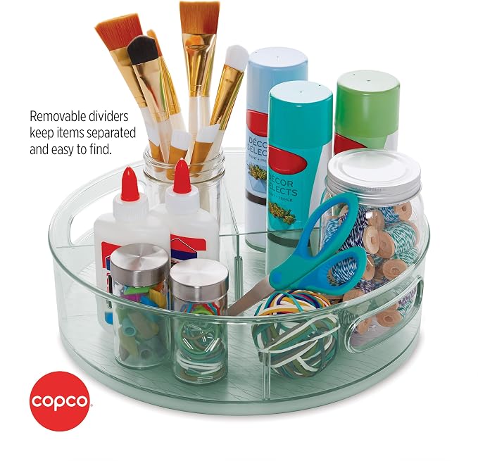 Copco Lazy Susan Turntable Organizer 12 Inch with Removable Dividers - Rotating Cabinet Organizer for Pantry, Kitchen, Closet, Under Sink - Tinted Green