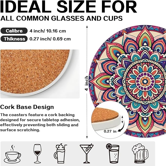 zcyhtqp, Funny Absorbent Round Ceramic Stone Coasters Set of 4 with Cork Base, Mandala Drink Coasters, Ceramic Boho Coasters, Gifts for Home, Kitchen, Bar, Office Table Décor