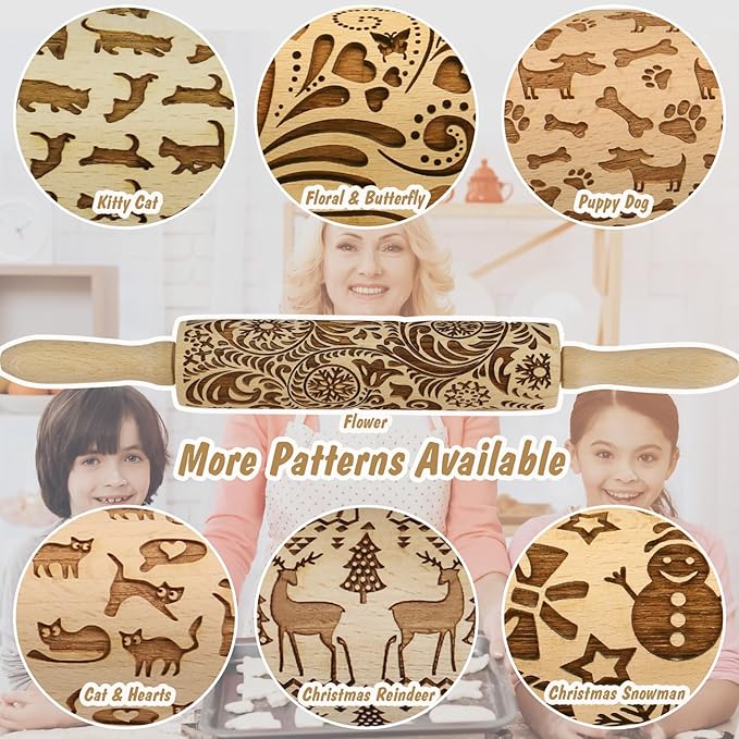 Embossed Rolling Pin for Baking Cookies Embossing Rolling Pins with Design Wooden Engraved Springerle Roller Pin Dough Animal Patterned Clay Pottery Ceramic Stamp Gifts Bakers Women (Cat & Heart)