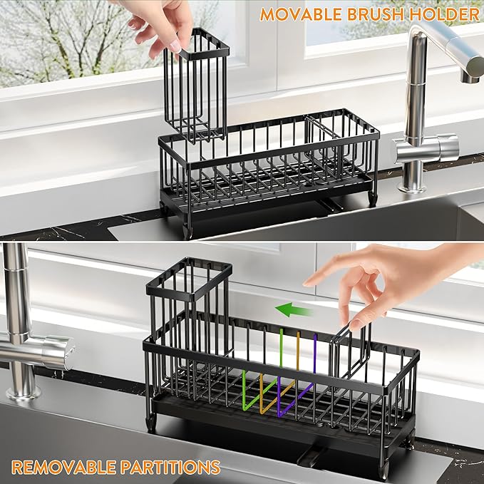 Cisily Sponge Holder for Kitchen Sink, Sink Caddy Organizer with High Brush Holder, Kitchen Countertop Organizers and Storage Essentials, Rustproof 304 Stainless Steel (Black, 10.62″)