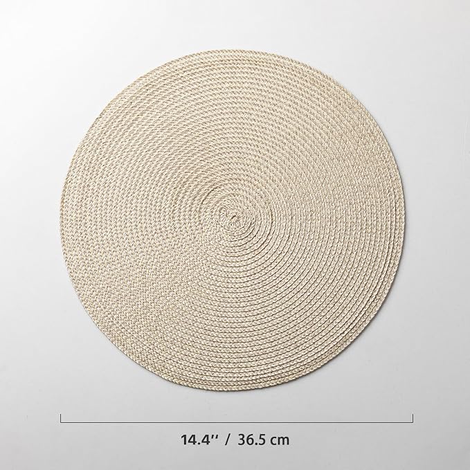 Baroyal Round Placemats Set of 4 Plastic Woven Placemats Washable Wipeable Table Mats for Dining Table Heat Resistant Non-Slip Circle Place Mats (Beige-Brown)
