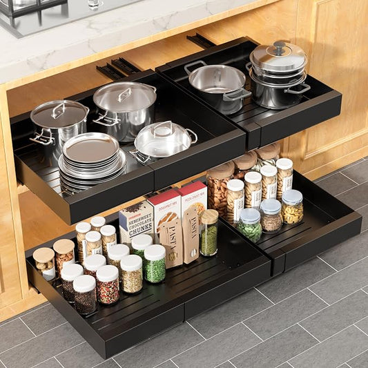 Pull Out Cabinet Organizer, Width Expandable (11.7"-19.7") Heavy Duty Slide Out Drawers Fixed with Adhesive Nano Film for Pots, Roll Out Shelf Storage For Kitchen,Pantry,Garage,Bathroom Storage