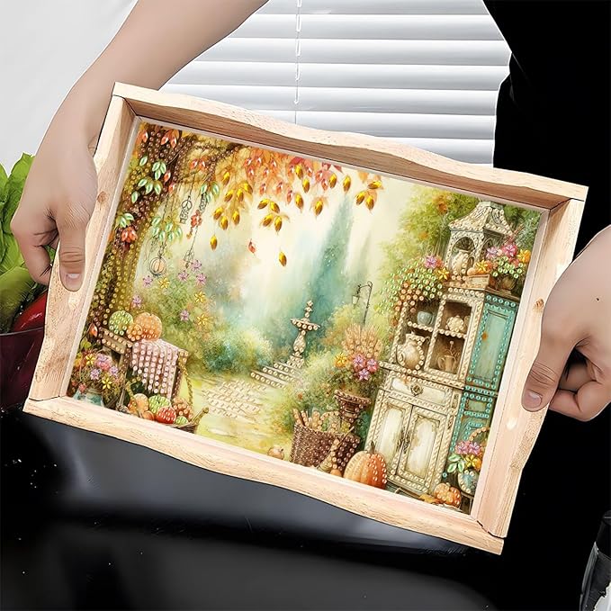 DIY Diamond Serving Tray Diamond Art Painting Creative Design Handmade Wooden Tray Dinner Plate for Coffee Breakfast Home Organizer-Autumn Garden