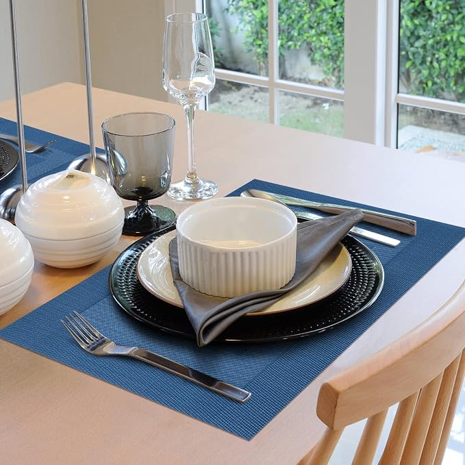 Winknowl Placemats for Dining Table Set of 8 Waterproof, Woven Place Mats for Kitchen Table Vinyl Heat Insulation Stain Resistant Placemats (Navy Blue)