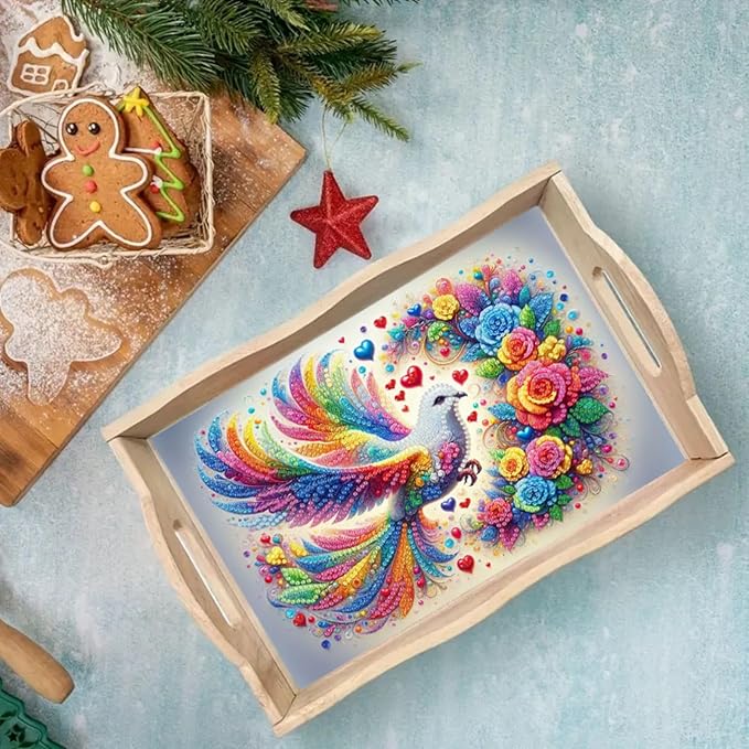 ARTopet DIY Diamond Serving Tray Diamond Art Painting Creative Design Handmade Wooden Tray Dinner Plate for Coffee Breakfast Home Organizer-Colorful Bird