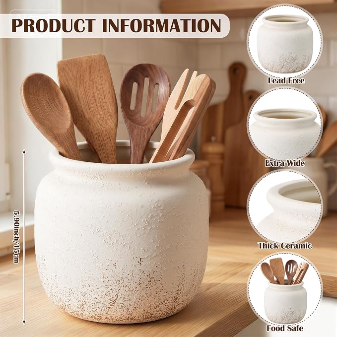 Qinyoung Rustic Kitchen Utensil Holder 6 Inch Small Ceramic Utensil Holder with Handle Vintage Beige Crock Decoration Spatula Organizer for Kitchen Countertop Farmhouse Party Supplies