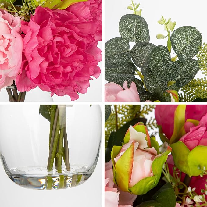 Hollyone Fake Flower Arrangements in Vase Pink Peonies Artificial Flowers Peony Bouquet Silk Floral Flower with Glass Vase with Faux Water for Home Decor Bathroom Coffee Table Centerpiece Decorations