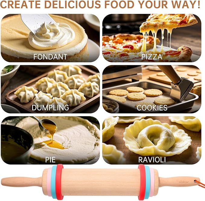 WitHlper Beechwood Rolling Pin Set with 6 Thickness Rings, Non-Slip Silicone Mat,Wood Stand – 17" Dough Roller for Baking, Pizza, Tortilla, Pastry – Wooden Rolling Pin Kit for Even Thickness