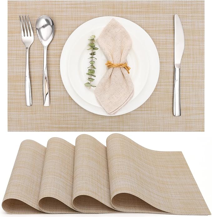 Myir JUN Placemats Set of 4, Vinyl Woven Placemats Place Mats Indoor Set of 4 Washable Table Mats Non-Slip Place mats for Dining Table (A-Beige, Set of 4)