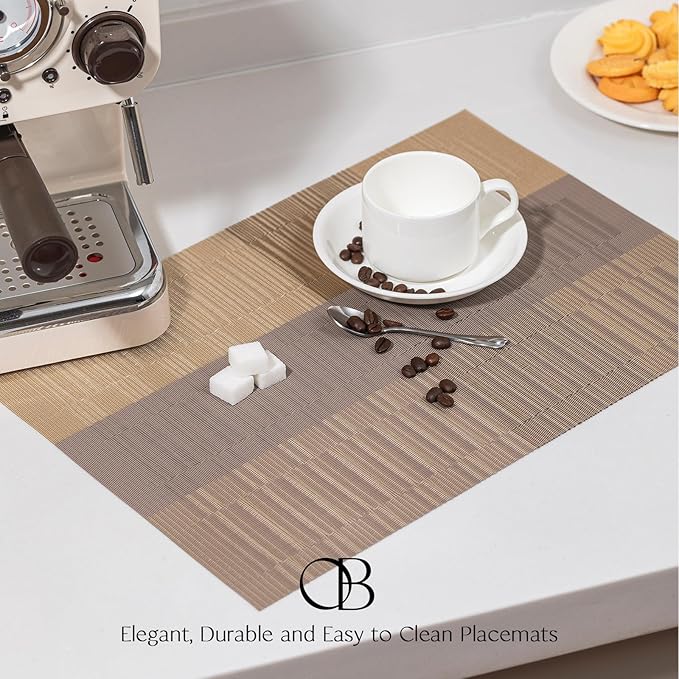 Placemats Set of 12 - Easy Clean Woven Vinyl Placemats for Dining Table, Indoor/Outdoor Place Mats, Washable PVC Table Mats （Gold Dune）