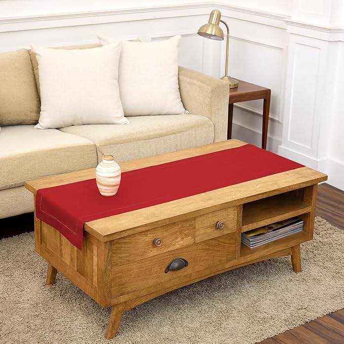Solino Home Linen Red Table Runner 48 Inches - Sonoma Hemstitch, 100% Pure Linen Coffee Table Runner 14 x 48 Inch Ideal for Dresser Tables - 4th of July