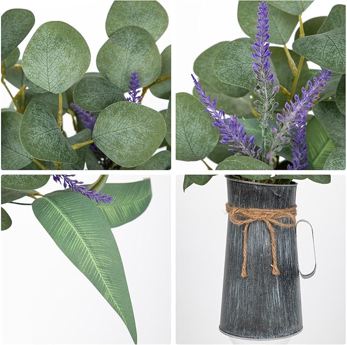 Lifelike Artificial Eucalyptus Plant in Rustic Metal Vase – 18.5" Realistic Faux Greenery for Farmhouse Home Décor, Living Room, Kitchen, Office, Weddings & Table Centerpieces