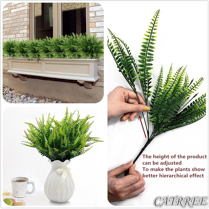 Artificial Boston Ferns Plants, Plastic Persian Grass Faux Shrubs Fake Leaves Simulation Greenery Bushes Home Outdoor Indoor Garden Wedding Decoration Office Yard Verandah Planter Filler – 4 Pack