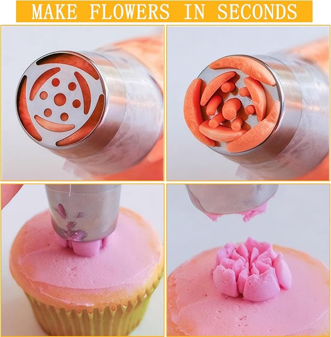Russian Piping Tips Set: Stainless Steel Cake Decorating Tips, 27 Pcs Baking Piping Bags and Tips Set, 12 Flower Frosting Tips 2 Leaf Piping Tip 10 Pastry Bags 2 Couplers 1 Reusable Silicone Bag