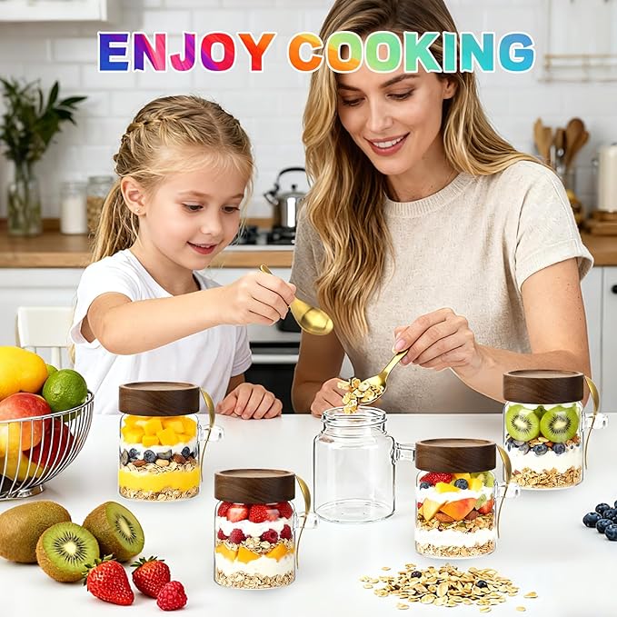 10 oz Small Glass Jar with Spoon and Airtight Wood Lids set of 6,Sugar Ground Herb Canister Round Food Storage Container for Spice Jams Coffee Pasta Candy Rice Loose Tea (300ml/10oz-6Pack)