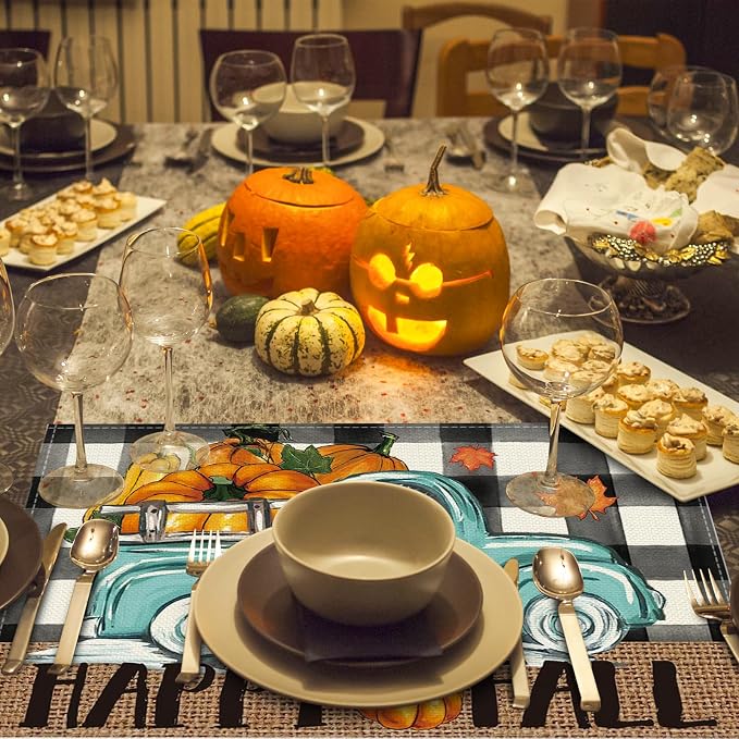 Niviy Buffalo Plaid Check Pumpkins Truck Thanksgiving Fall Placemats Set of 4, 12x18 Inch Autumn Table Mats for Holiday Party Kitchen Dining Room Decoration