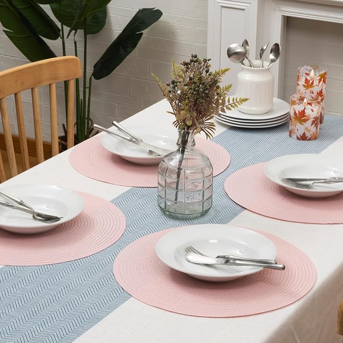 Winknowl 15 Inch Round Braided Placemats Set of 4, Washable Cotton Polyester Table Mats, Heat Resistant Non-Slip Place Mats for Kitchen Dining Table Decor (Pink,4pcs)