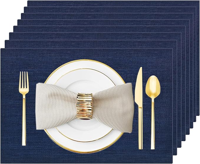 Placemats Set of 8 Washable&Wipeable Place mats for Dining Table Kitchen Indoor Outdoor Table Mats Heat Resistant Non Slip Woven Vinyl Table Placemats (Navy Blue，8PCS)
